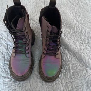 Chunky heel combat boot, dark gray, blue black, size 1 little girl